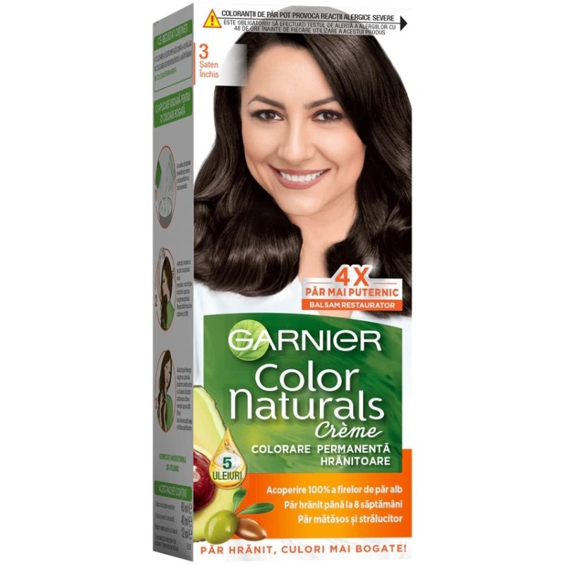 Garnier Color Naturals Vopsea De Par Permanenta, Formula Cu 3 Uleiuri Nutritive, Acoperire 100% Fire Albe, Nuanta 3 Saten Inchis