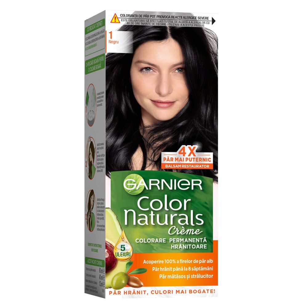 Garnier Color Naturals, Vopsea de Par Permanenta, Formula cu 3 Uleiuri Nutritive, Acoperire 100% Fire Albe, Nuanta 1 Negru