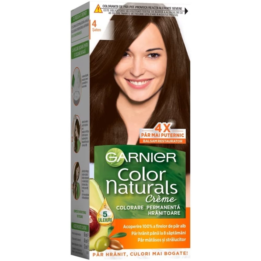 Garnier Color Naturals Vopsea de Par Permanenta cu 3 Uleiuri Nutritive, Acoperire 100% Fire Albe, Nuanta 4 Saten