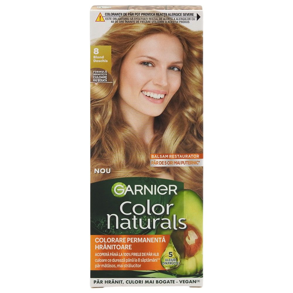 Garnier Color Naturals Vopsea de Par Permanenta cu 3 Uleiuri Nutritive, Textura Crema, Colorare de Lunga Durata, Nuanta 8 Blond Deschis