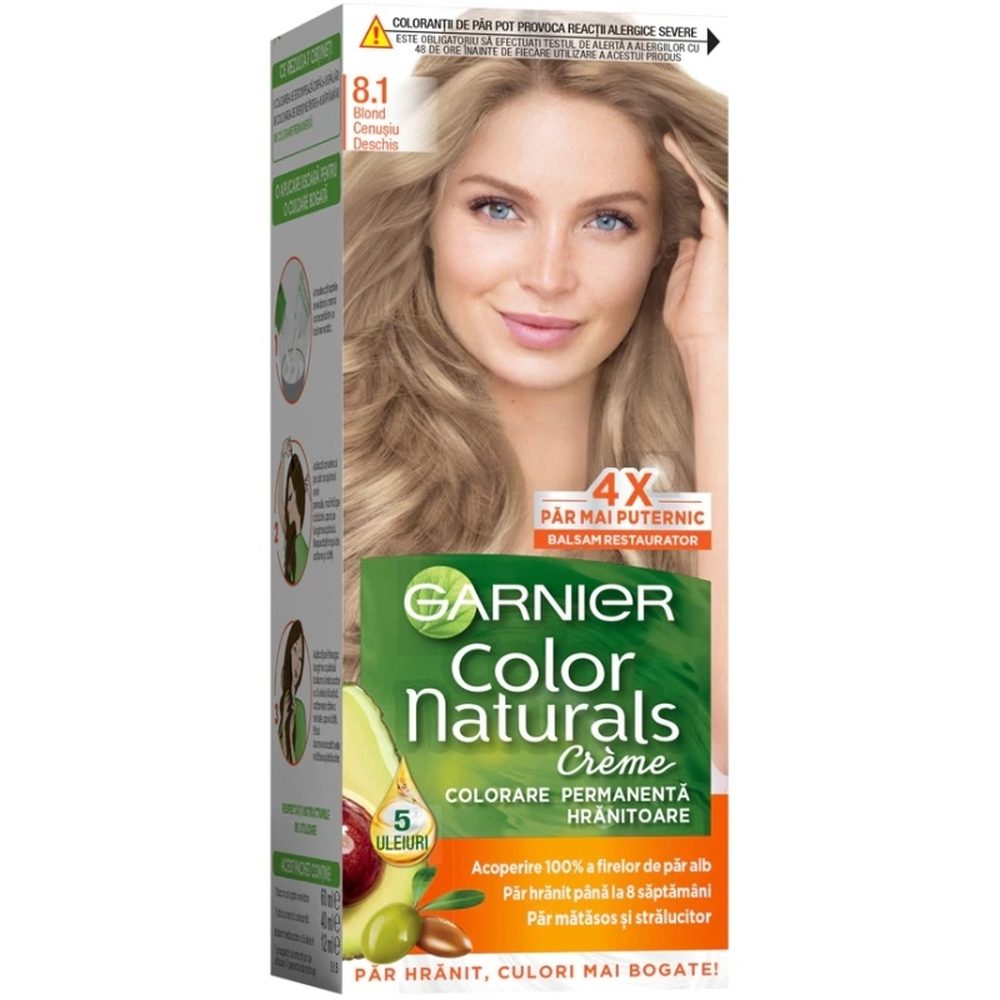 Garnier Color Naturals Vopsea de Par Permanenta, Formula cu 3 Uleiuri Nutritive, Textura Crema, Nuanta 8.1 Blond Cenusiu Deschis