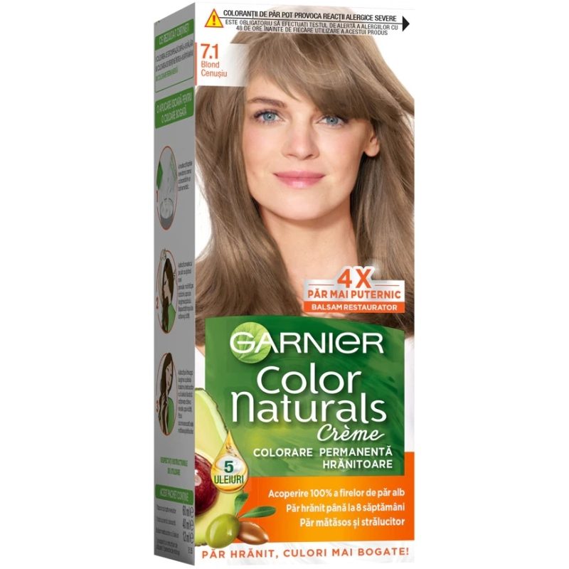 Garnier Color Naturals Vopsea de Par Permanenta, Formula cu 3 Uleiuri Nutritive, Acoperire 100% Fire Albe, Nuanta 7.1 Blond Cenusiu