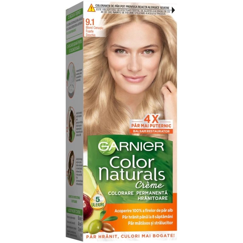 Garnier Color Naturals Vopsea de Par Permanenta, Formula cu 3 Uleiuri Nutritive, Textura Crema, Nuanta 9.1 Blond Cenusiu Foarte Deschis