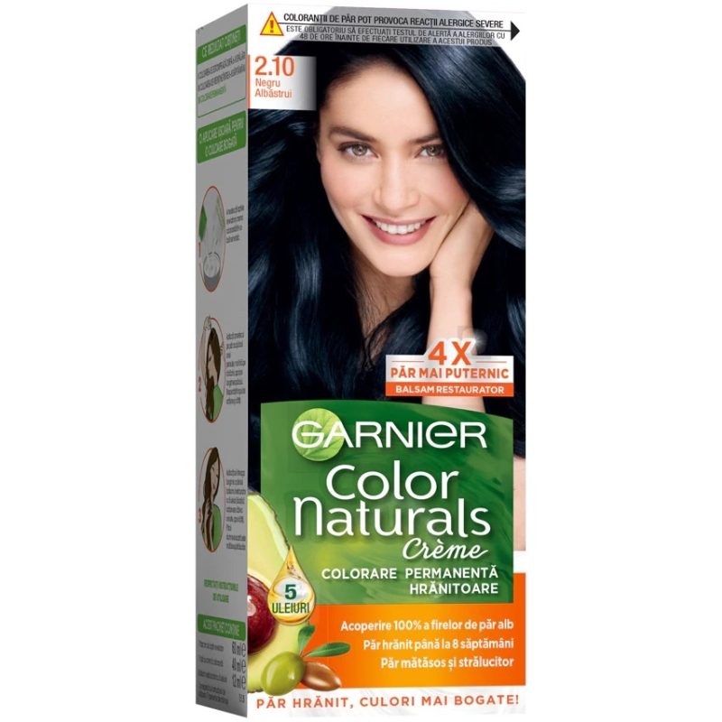 Garnier Color Naturals Vopsea de Par Permanenta, Formula Nutritiva cu 3 Uleiuri, Acoperire 100% Fire Albe, Nuanta 2.10 Negru Albastrui