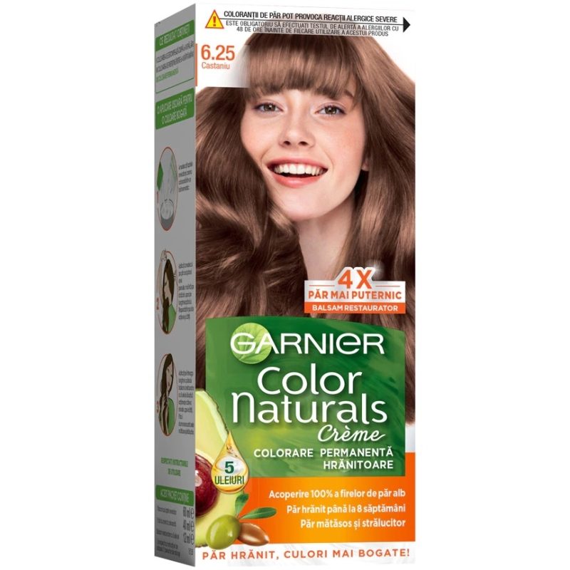 Garnier Color Naturals Vopsea de Par Permanenta, Formula cu 3 Uleiuri Nutritive, Acoperire 100% Fire Albe, 6.25 Castaniu Ciocolatiu