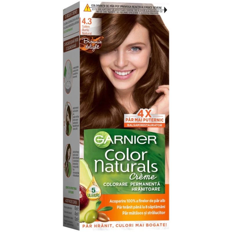 Garnier Color Naturals Vopsea de Par Permanenta, Formula cu 3 Uleiuri Nutritive, Acoperire 100% Fire Albe, Nuanta 4.3 Saten Auriu