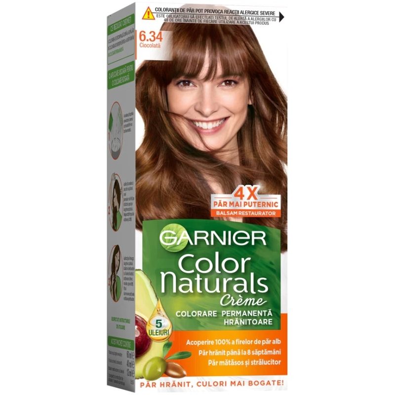 Garnier Color Naturals Vopsea de Par Permanenta, Formula cu 3 Uleiuri Nutritive, Acoperire 100% Fire Albe, Nuanta 6.34 Ciocolata