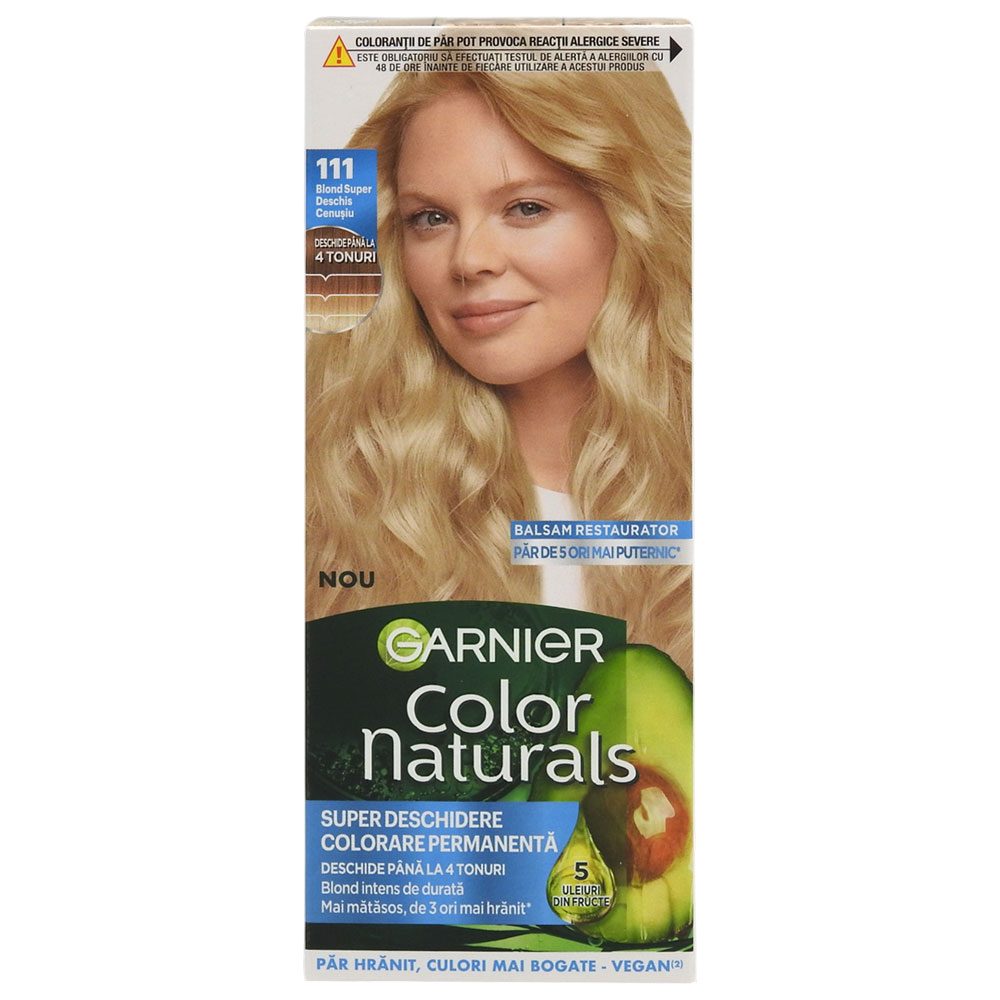Garnier Color Naturals Vopsea de Par Permanenta, Formula cu 3 Uleiuri Nutritive, Acoperire 100% Fire Albe, 111 Blond Super Deschis Cenusiu