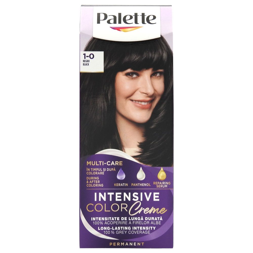 Schwarzkopf Palette Intensive Color Cream, Vopsea de Par Permanenta, Formula cu Ulei de Marula, Acoperire 100% Fire Albe, N1 1-0 Negru Black