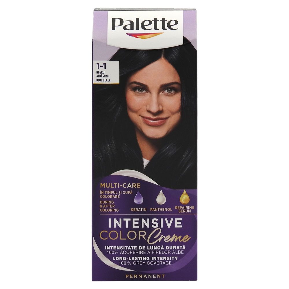 Vopsea de Par Permanenta Palette Intensive Color Creme, Formula cu Ulei de Marula, Acoperire 100% Fire Albe, Nuanta C1/1-1 Negru Albastrui
