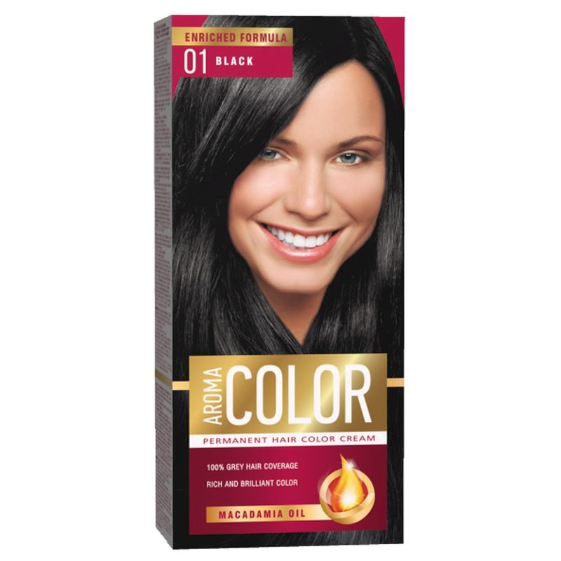 Aroma Color Vopsea de Păr Permanentă, Acoperire 100% Fire Albe, Complex de Nutrienți, 01 Black