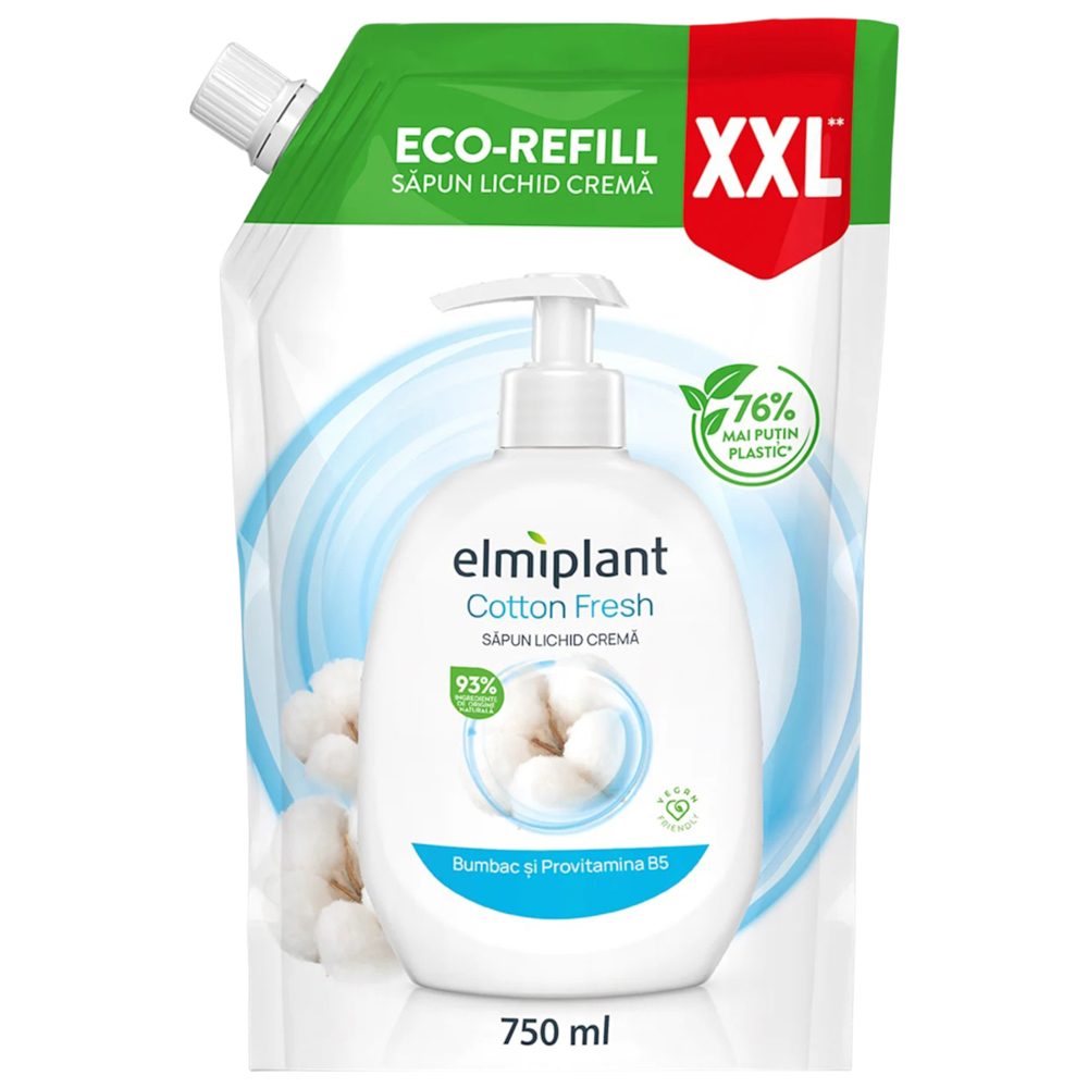 Elmiplant Rezerva Sapun Lichid Crema, Curatare Delicata cu Hidratare Intensa, Extract de Bumbac si Provitamina B5, Formula Testata Clinic, 750 ml