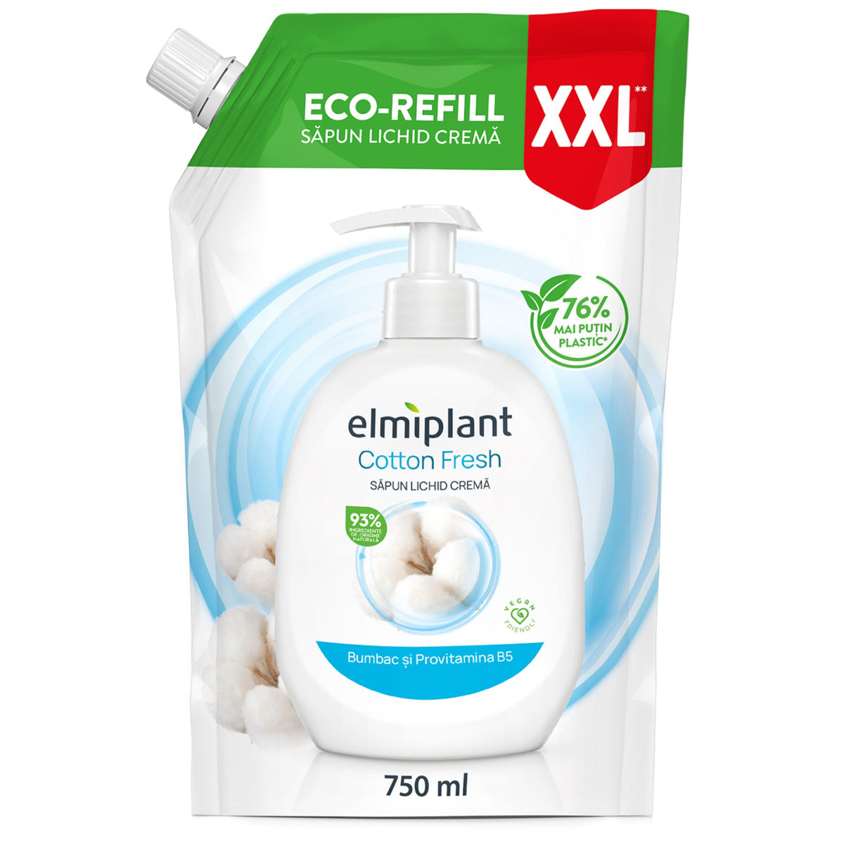 Elmiplant Rezerva Sapun Lichid Crema, Curatare Delicata cu Hidratare Intensa, Extract de Bumbac si Provitamina B5, Formula Testata Clinic, 750 ml