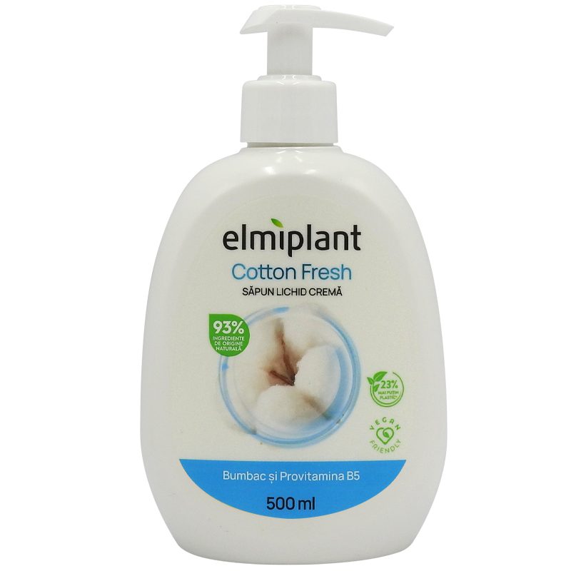 Elmiplant Săpun Lichid Cremă, Curățare Hidratantă cu Extract de Bumbac și Provitamina B5, Textură Catifelată pentru Piele Sensibilă, Flacon cu Pompă, 500 ml