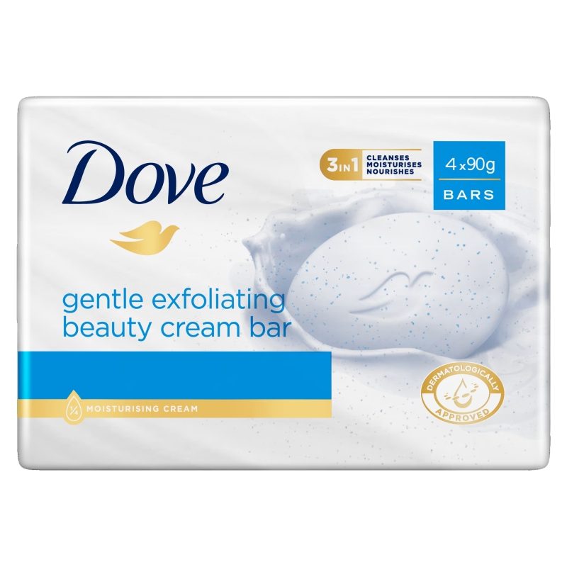 Sapun Solid Dove Gentle Exfoliating, Curatare Delicata cu Particule Exfoliante, Crema Hidratanta, 4 x 90 g