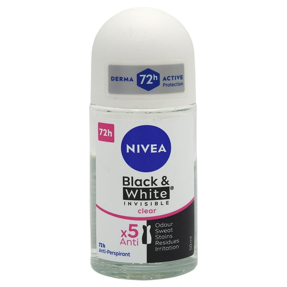 Nivea Antiperspirant Roll On Invisible For Black & White Clear, Protectie 48h, Anti-Pete Albe si Galbene, 50 ml