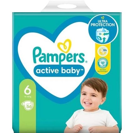 Pampers Scutece Active Baby, Protectie Superabsorbanta 12 Ore, Celuloza Hipoalergenica, Giant Pack Nr. 6, 13-18 kg, 56 Bucati