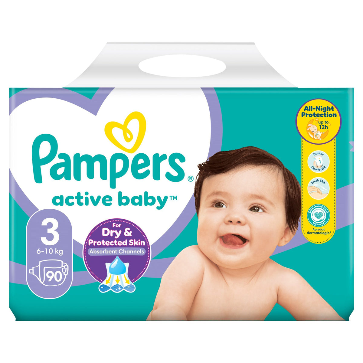 Pampers Active Baby Scutece de Unică Folosință, Sistem Superabsorbant 12 Ore, Celuloză Naturală, Mărimea 3, 6-10 kg, Giant Pack, 90 Bucăți