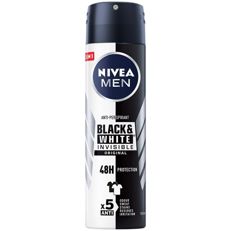 Antiperspirant Spray Nivea Black & White Invisible Original, Protectie Pete Albe si Galbene, 150 ml