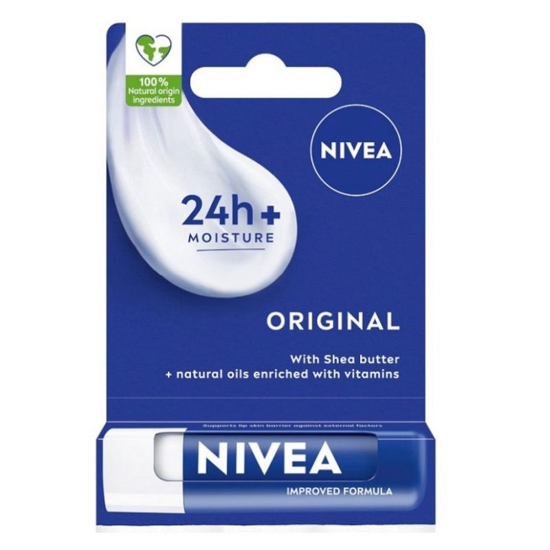 Balsam de Buze Nivea Original Care, Hidratare 24h cu Uleiuri Naturale și Unt de Shea, Fără Uleiuri Minerale, 4.8 g