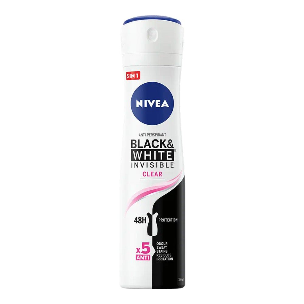 Nivea Invisible for Black & White Clear, Deodorant Antiperspirant Spray, Protectie 48h, Anti-Pete Albe si Galbene, 150 ml