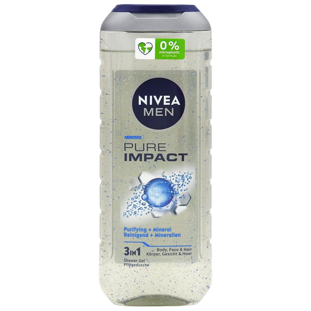 Gel de Dus Nivea Pure Impact, Purificare Intensă cu Particule Micro-Fine, Corp, Față și Păr, 500 ml