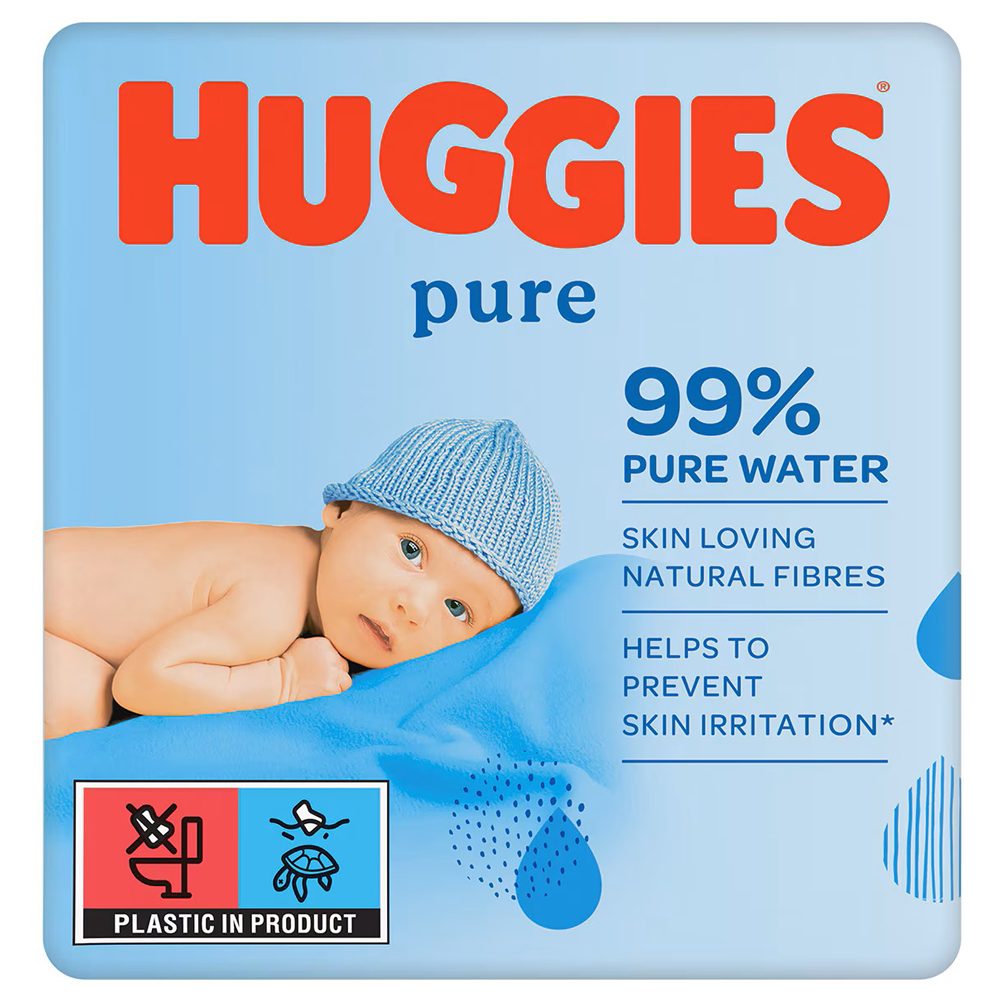 Huggies Pure Water, Servetele Umede pentru Bebelusi, Formula cu Apa Pura, Textura Groasa si Rezistenta, 3 x 56 Bucati, 168 Bucati Totale