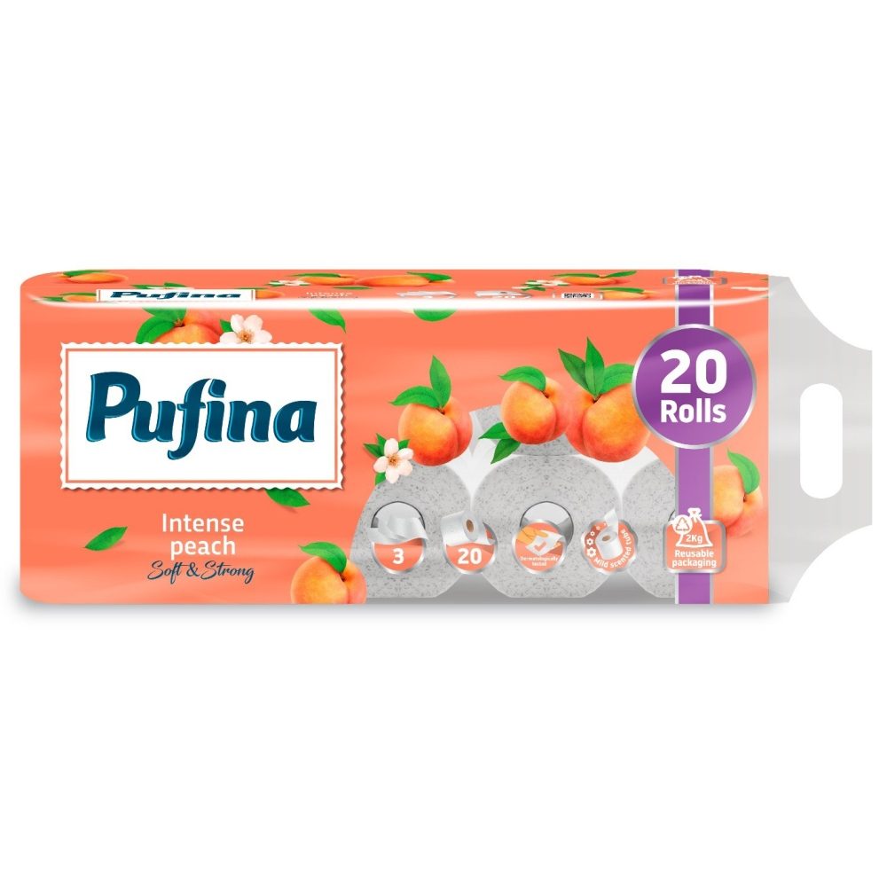 Pufina, Hartie Igienica cu Parfum de Piersica, 3 Straturi, Celuloza, Set 20 Role