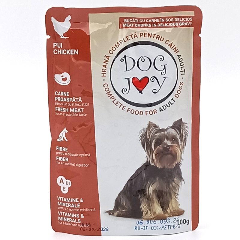 Dog Joy Hrana Umeda pentru Caini Adulti, Reteta cu Pui pentru Digestie Optima, Nutritie Completa, Potrivit pentru Toate Rasele, Plic 100 g