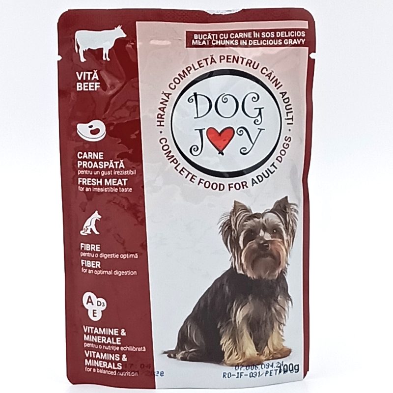 Dog Joy Hrana Umeda Pentru Caini Adulti, Formula Digestie Optima, Plic Cu Aroma De Vita, 100 g