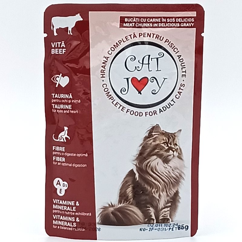 Cat Joy Hrana Umeda pentru Pisici Adult si Junior, Bucatele de Vita in Sos, Plic 85 g