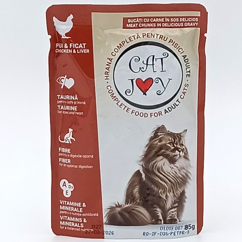 Cat Joy Hrana Umeda pentru Pisici, Bucatele de Pui si Ficat in Sos, Nutritie Completa Junior si Adult, Plic 85 g