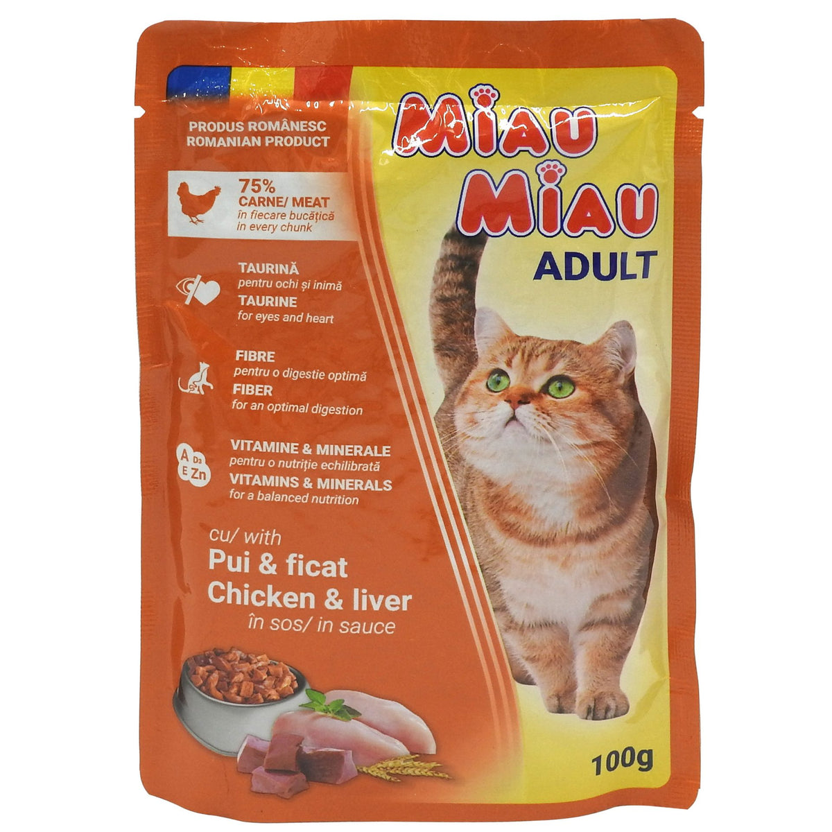 Miau Miau Hrana Umeda pentru Pisici Adulte, Bucatele de Pui si Ficat in Sos, Digestie Optima, Plic 100 g