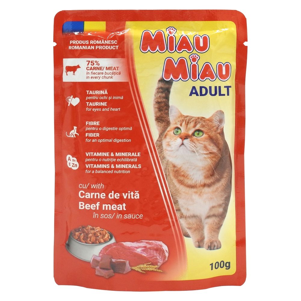 Miau Miau Hrana Umeda pentru Pisici Adulte, Bucatele de Vita in Sos, Digestie Optima, Plic 100 g