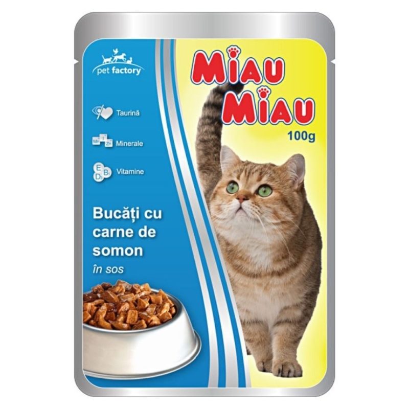 Miau Miau Hrana Umeda pentru Pisici Adulte, Somon in Sos pentru Digestie Optima, Plic 100 g