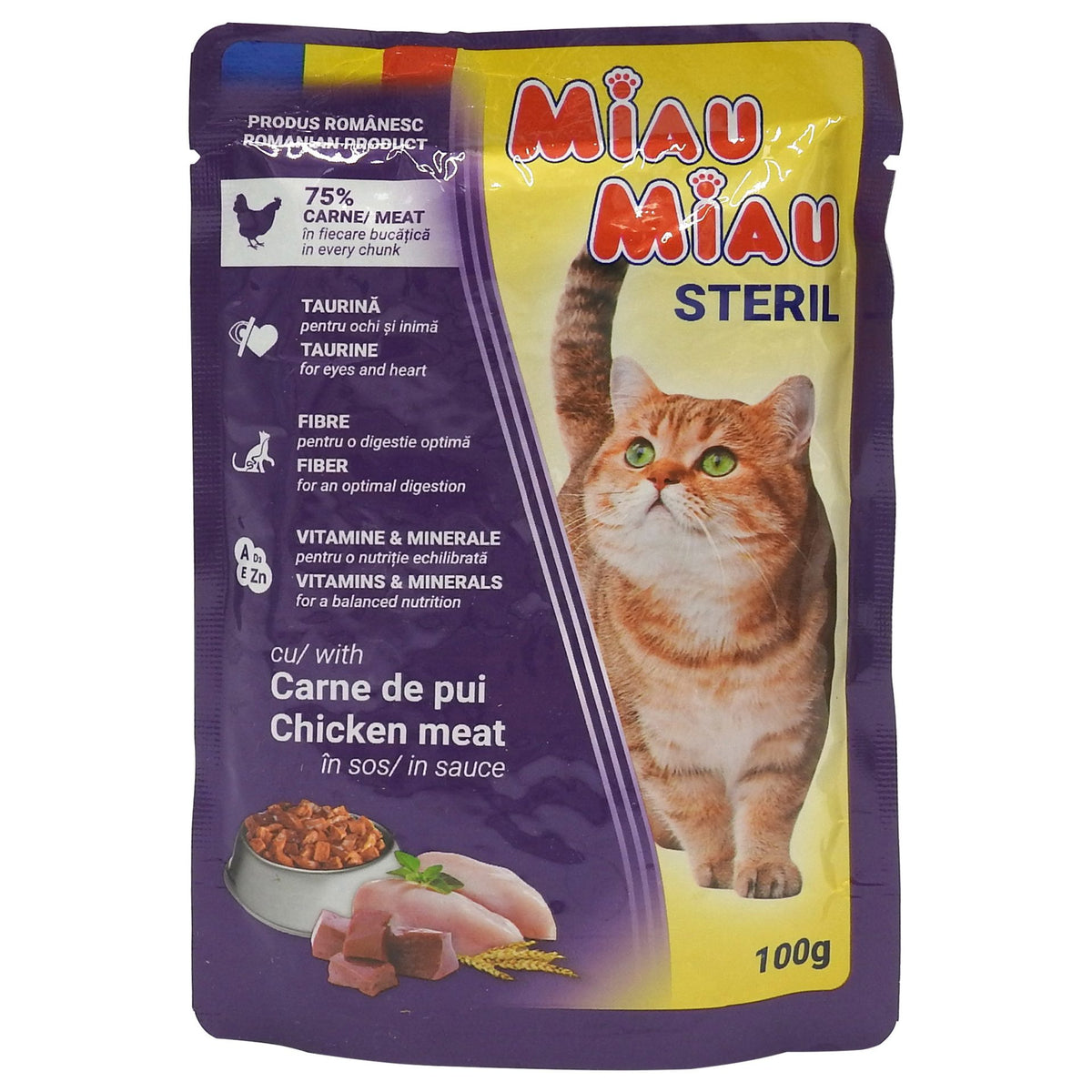 Hrana Umeda Pentru Pisici Adulte Miau Miau, Bucatele De Pui In Sos, Digestie Optima, Plic 100 g