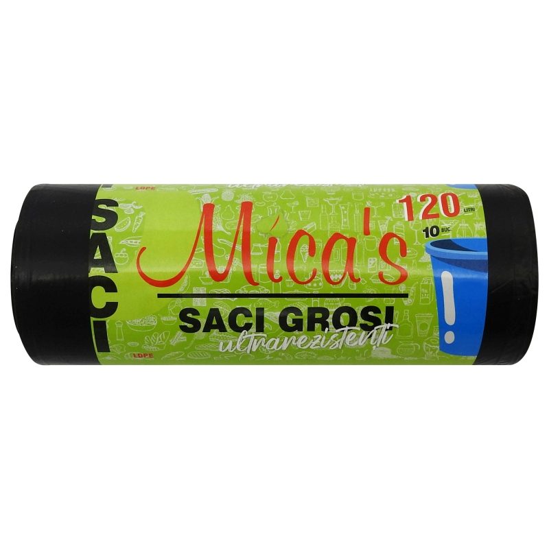 Micas Saci Menajeri Rezistenti, Polietilena LDPE Flexibila, Colectare Deseuri Menajere, 120 L, Set 10 Bucati