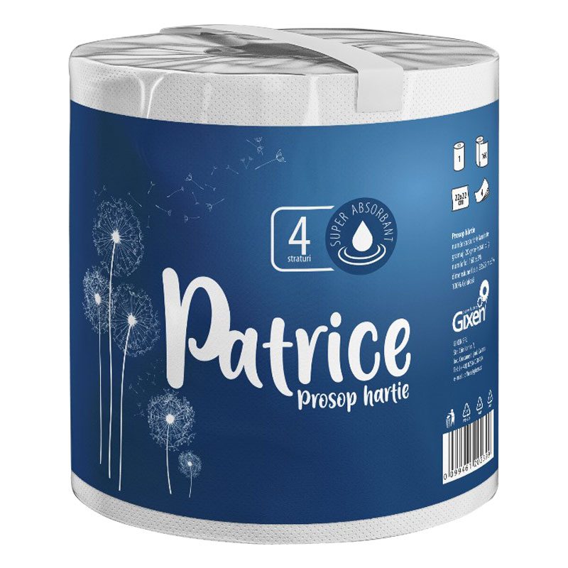 Prosop de Bucatarie Patrice, Role Hartie Super Absorbante, 4 Straturi, Celuloza Pura, Fara Parfum, 1 Rola, Alb