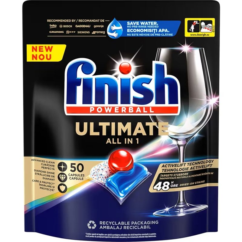 Finish Powerball Ultimate Detergent Capsule pentru Masina de Spalat Vase, Tehnologie All-in-1, Curatare Concentrata si Stralucire, Aroma Fresh, 50 Bucati
