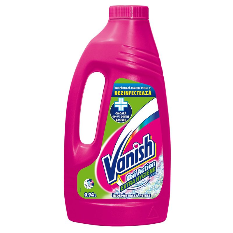 Vanish Extra Hygiene Solutie Lichida pentru Pete, Formula Hipoalergenica si Dezinfectanta, Compatibilitate Universala Tesaturi, 940 ml