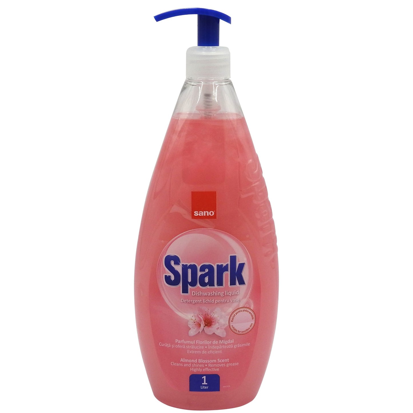 Detergent de Vase Lichid Sano Spark, Extract de Migdale, Formula Concentrata, Recipient cu Pompa, 1 L