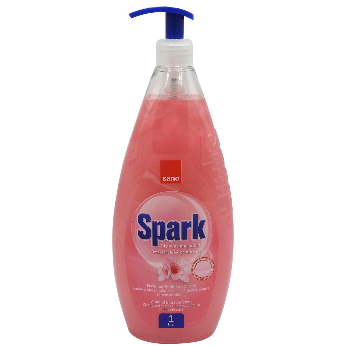 Detergent de Vase Lichid Sano Spark, Extract de Migdale, Formula Concentrata, Recipient cu Pompa, 1 L