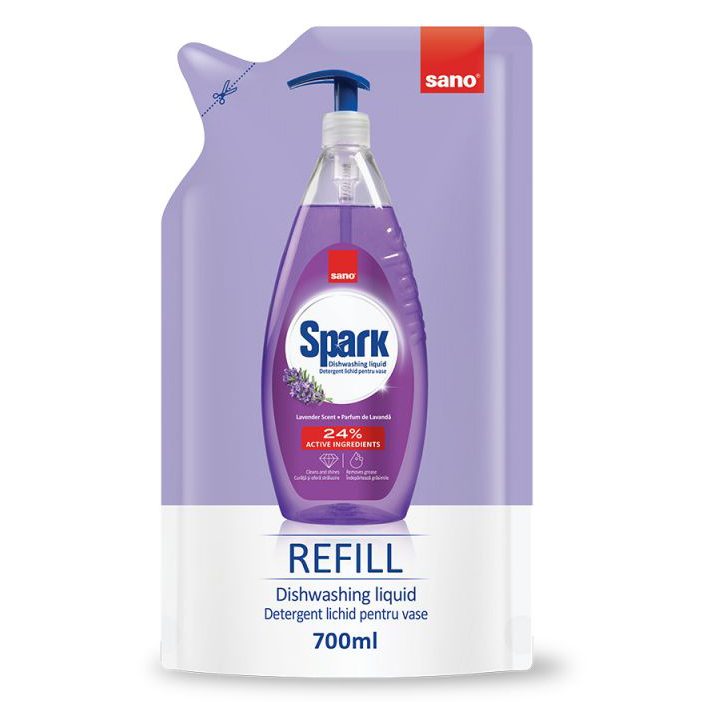 Sano Spark Detergent Lichid Pentru Vase, Rezervă Cu Parfum De Lavandă, Formulă Concentrată, Curățare Eficientă, 700 ml