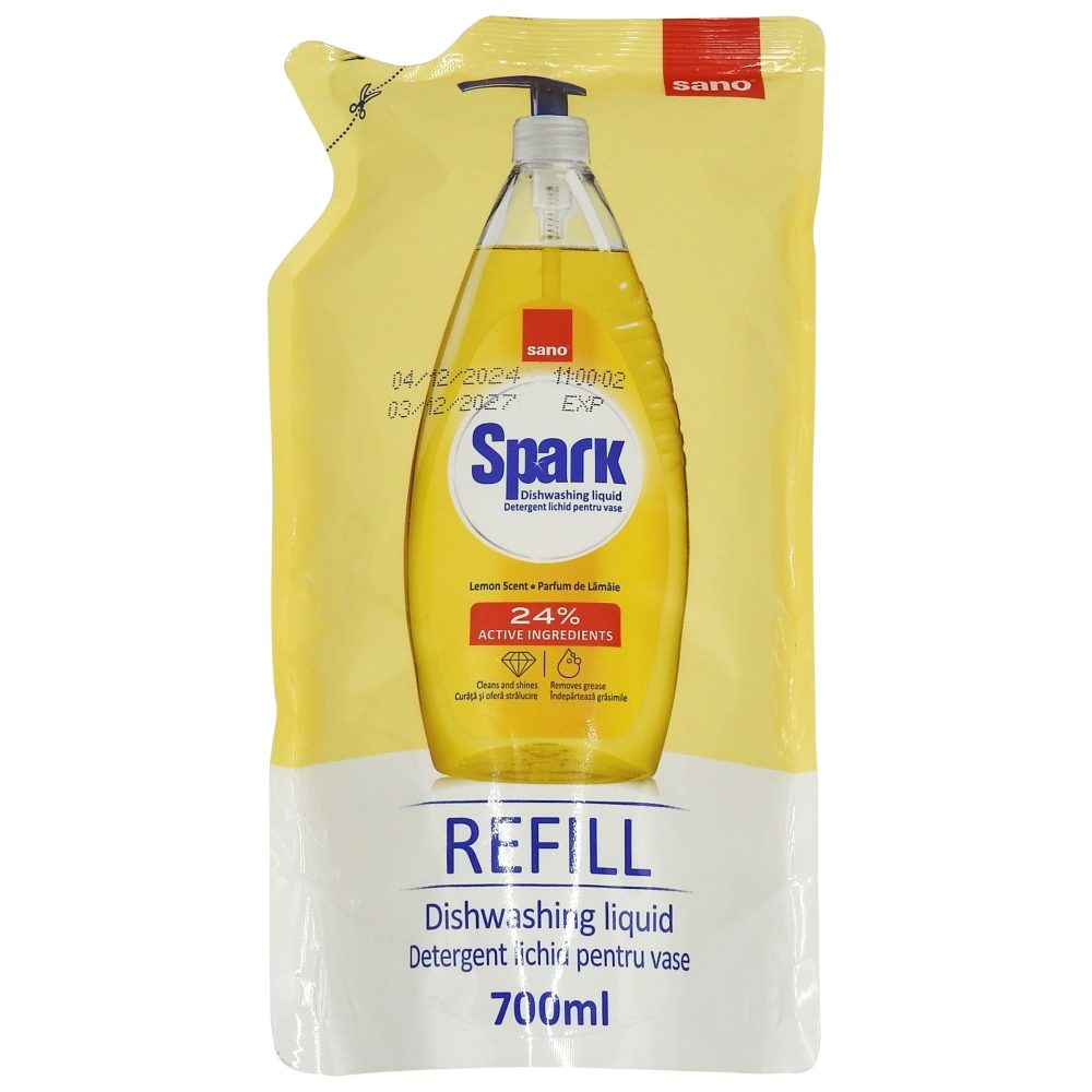 Detergent Lichid pentru Vase Sano Spark, Rezerva cu Miros de Lamaie, Formula Degresanta, 700 ml
