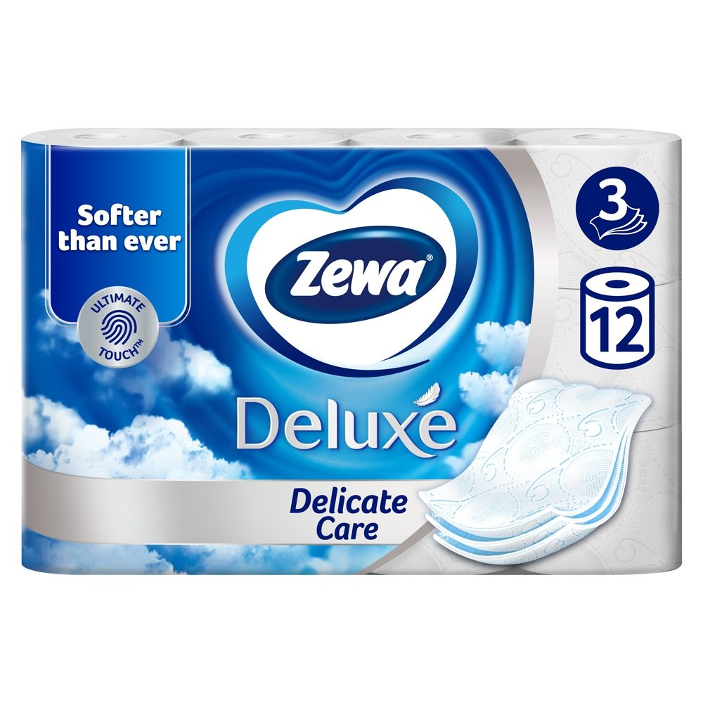 Zewa Deluxe Delicate Care, Hartie Igienica 3 Straturi, Fara Parfum, Celuloza Naturala, Alba, Set 12 Role