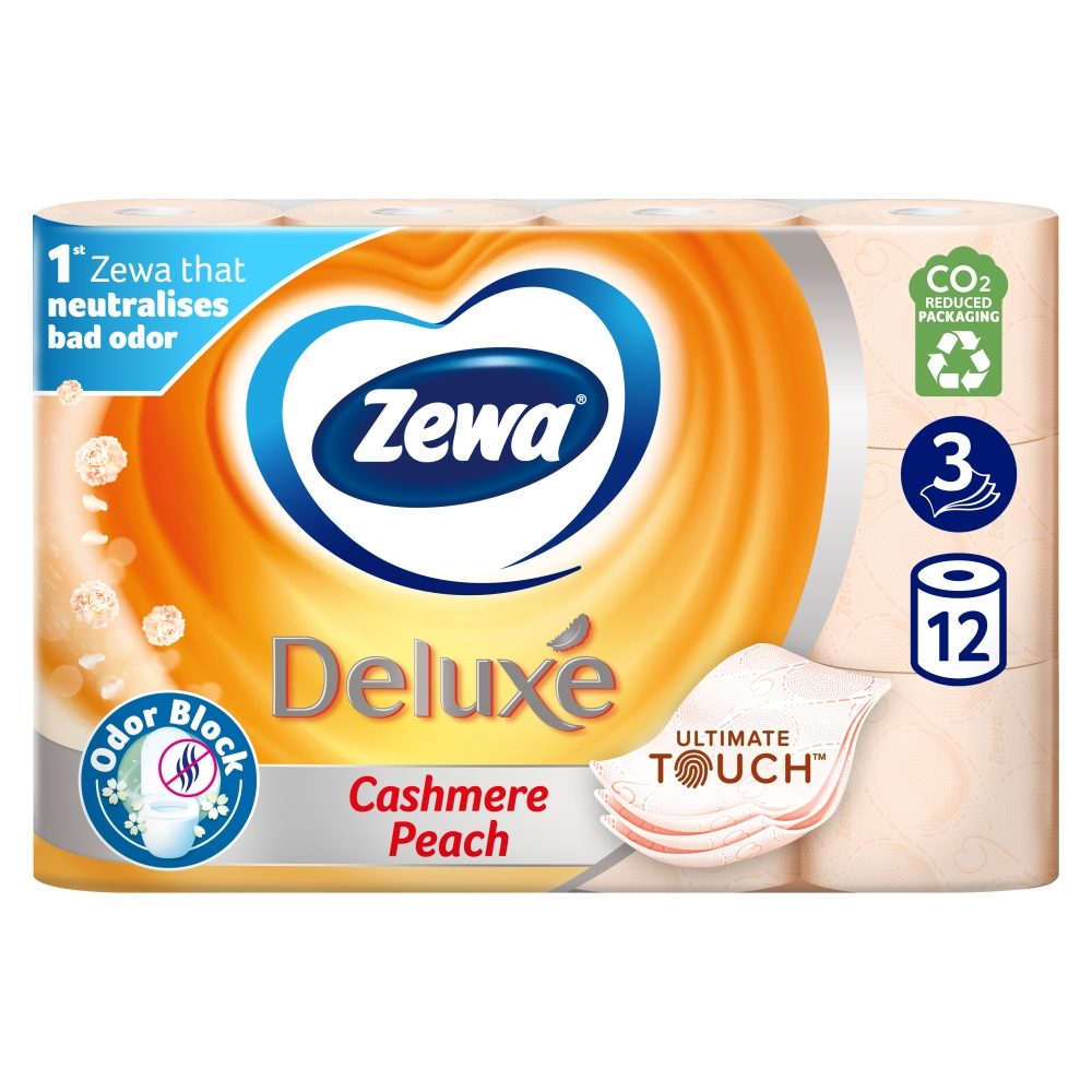 Zewa Deluxe Cashmere Peach, Hartie Igienica cu 3 Straturi, Celuloza Pura Rezistenta si Fina, Fara Parfum, Set 12 Role