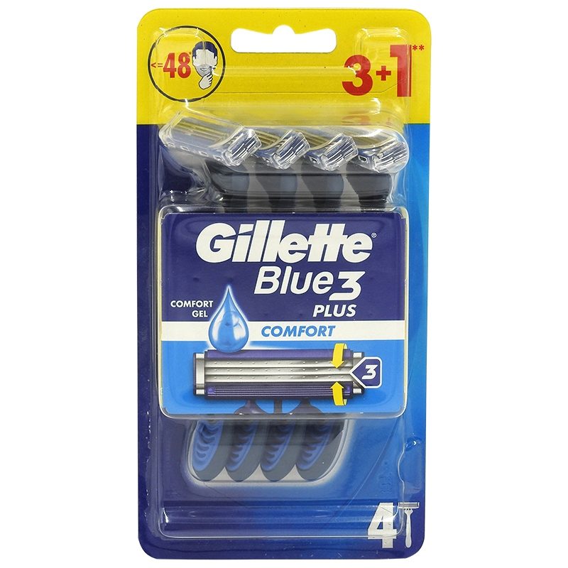 Gillette Blue3 Plus Comfort, Aparat de Ras de Unica Folosinta, 3 Lame Ascutite si Banda Lubrifianta, Maner Ergonomic, Set 4 Bucati