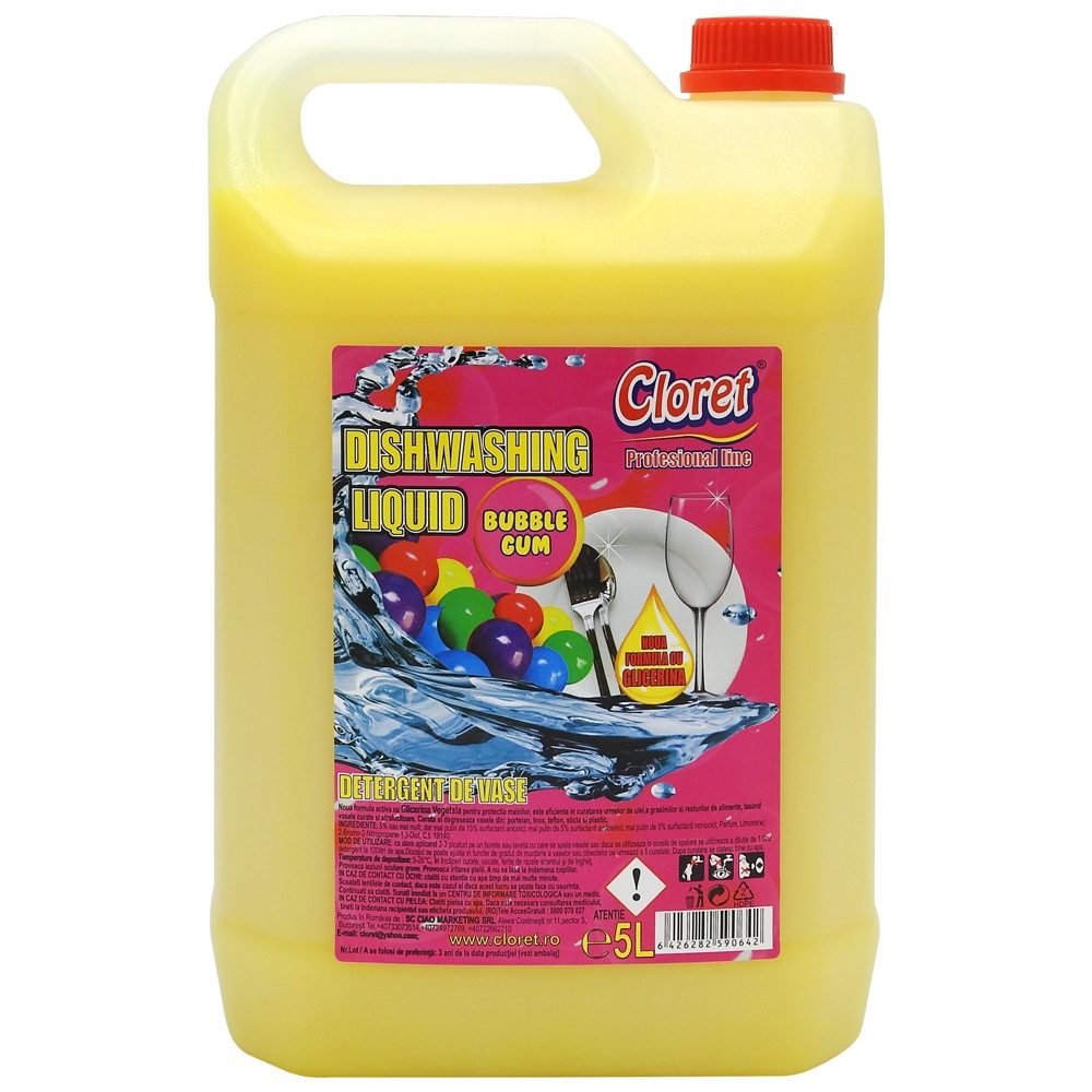 Cloret Detergent Lichid pentru Vase, Formula Degresanta cu Aroma Bubble Gum, Bidon 5 L