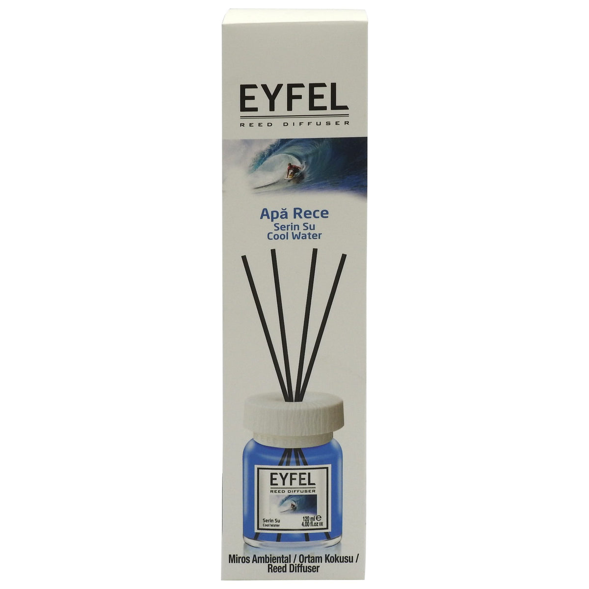 Eyfel Odorizant Camera cu Betisoare, Difuzor de Parfum Ambientale, Aroma Fresh Cool Water, Sticla din Sticla, 120 ml, Culoare Albastru