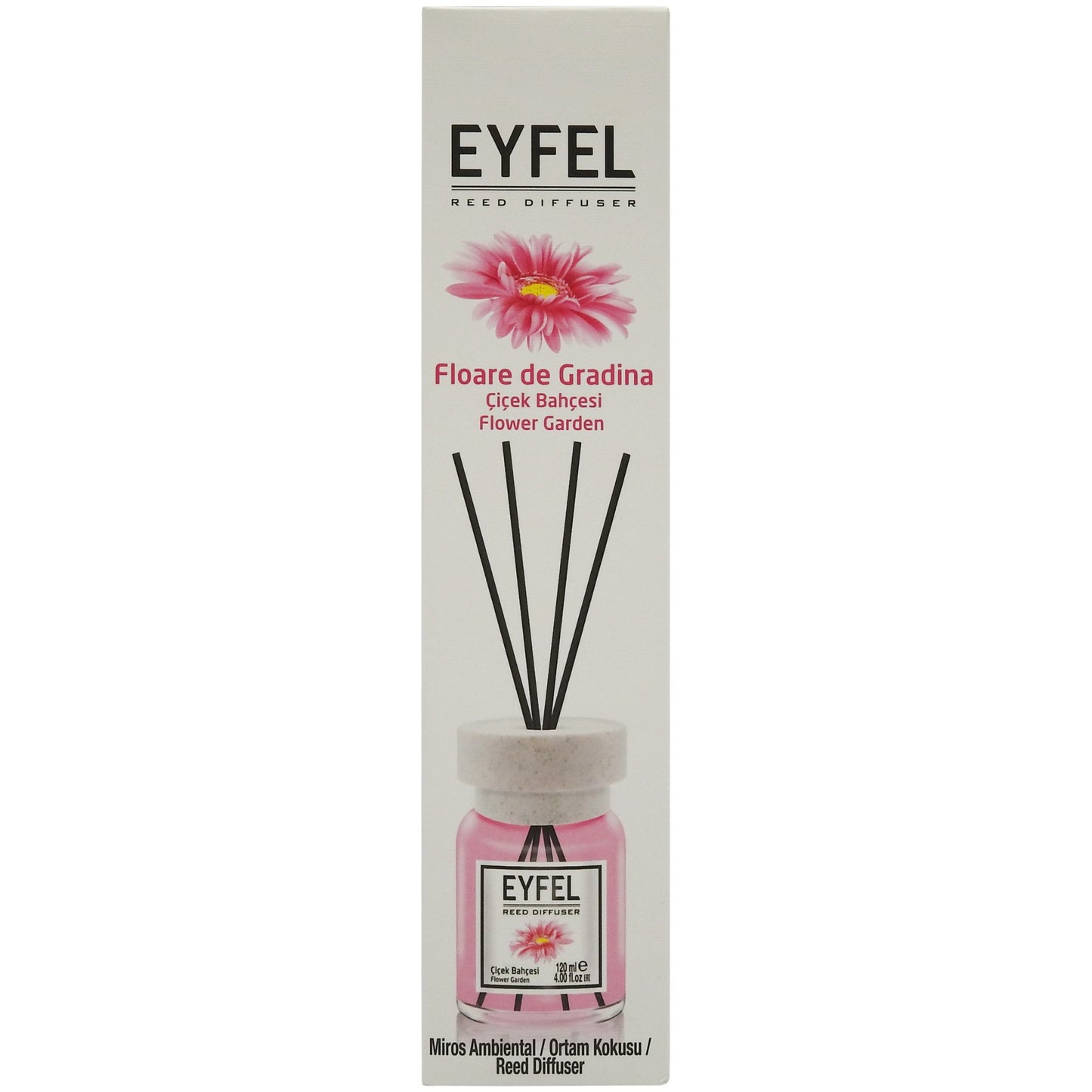 Eyfel Odorizant Camera cu Betisoare, Difuzor de Parfum Ambient, Aroma Florala Flower Garden, Ratan Natural, Flacon 120 ml, Roz